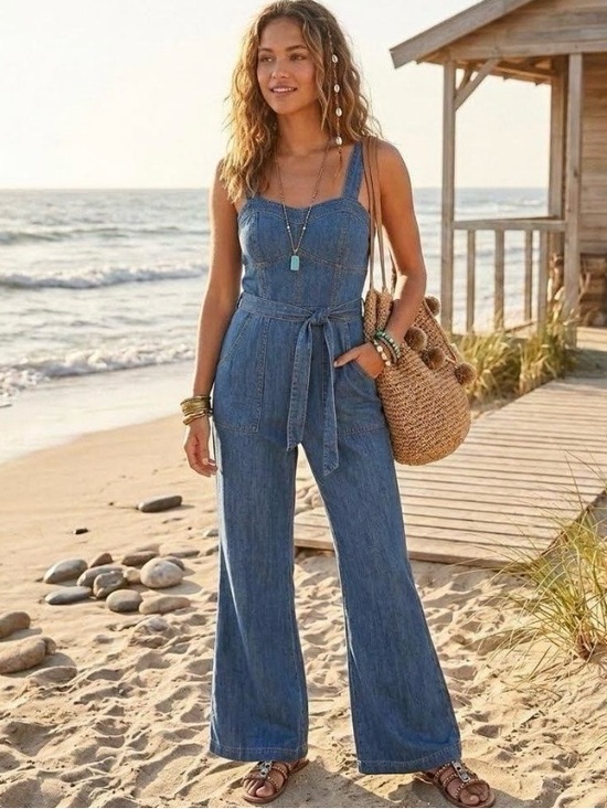 Anthropologie Denim - Anthropologie Elevenses Sharlene Denim Halter Jumpsuit Wide Leg Flare Size 6